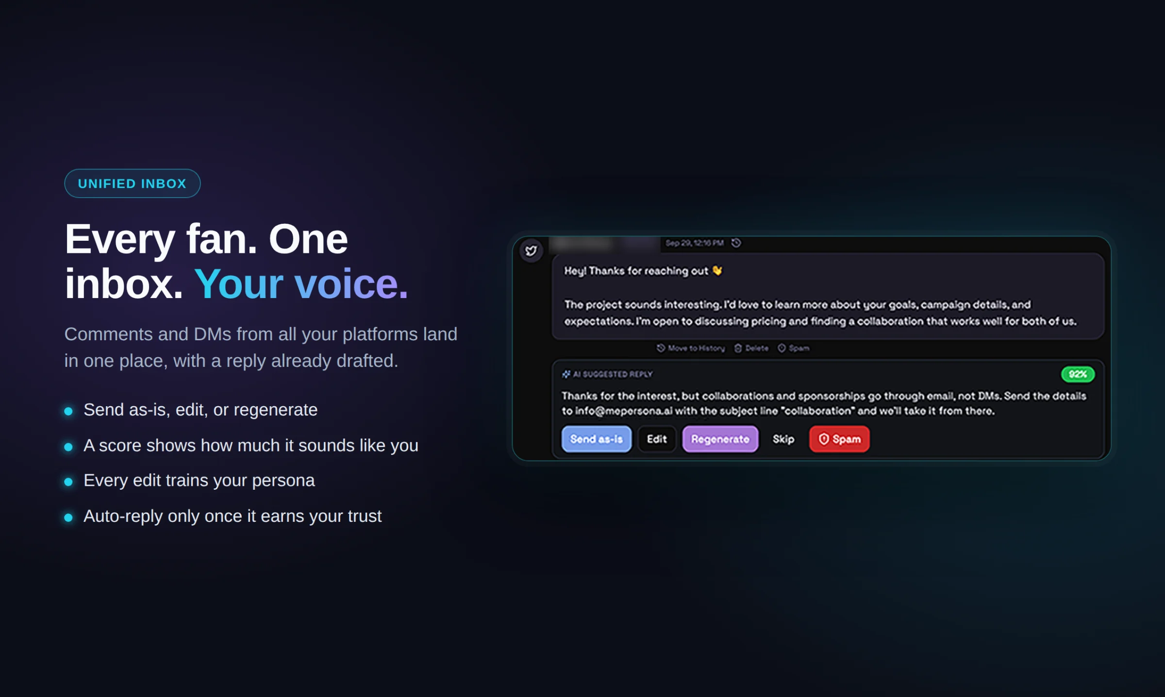 MePersona - AI Unified Inbox for Creators screenshot